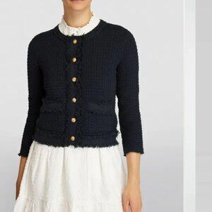 ME+EM Fringe Bouclé Cropped Textured Cardigan Sweater Jacket Blue L